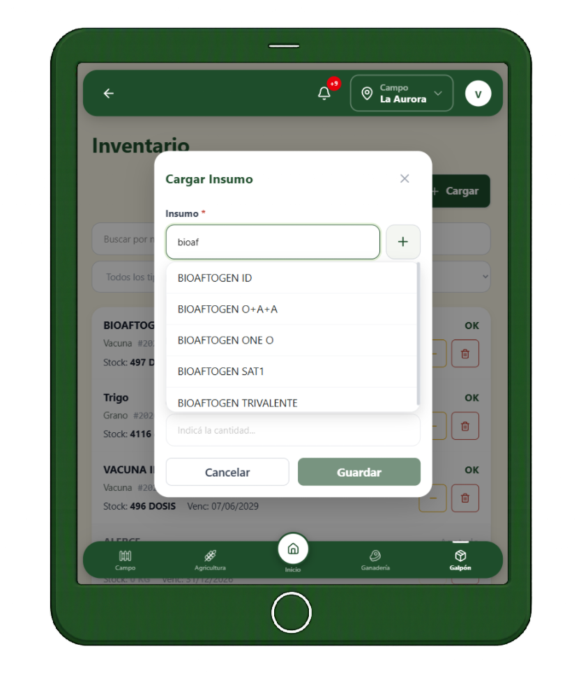 Modal para cargar un nuevo insumo al inventario con autocompletado por nombre