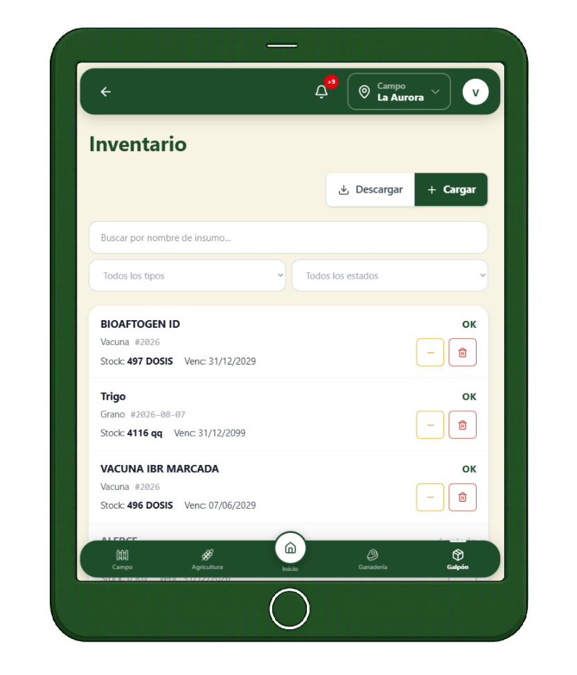 Listado de inventario con vacunas, granos y medicamentos, mostrando stock y vencimiento de cada uno