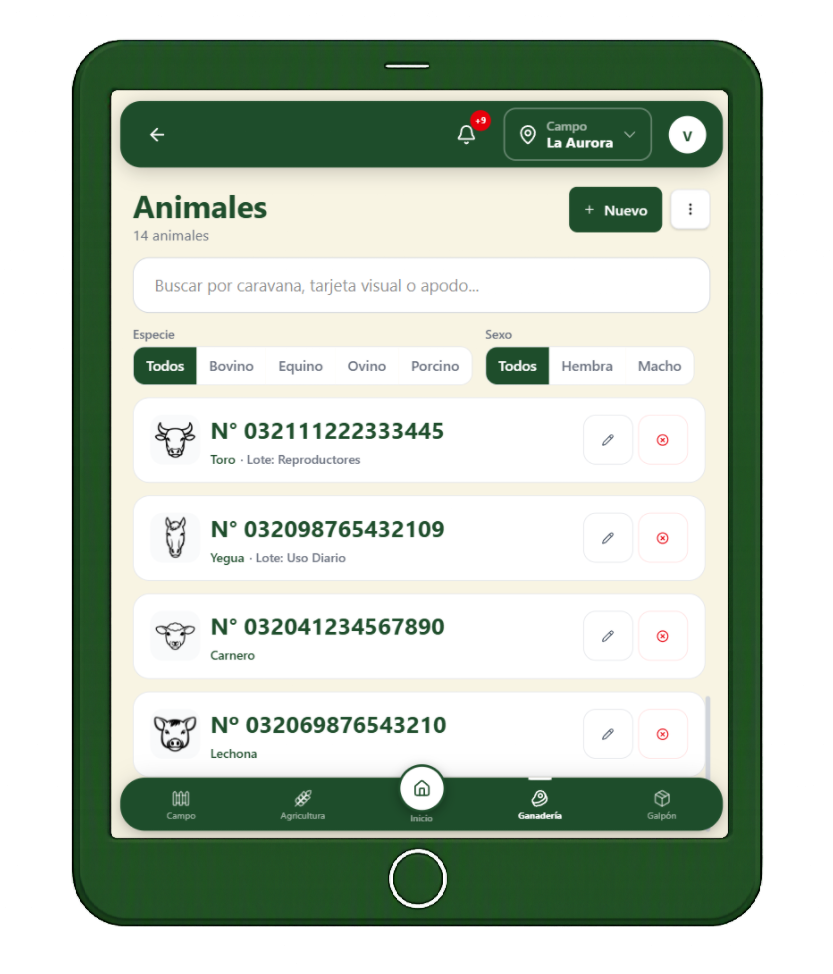 Listado de animales del establecimiento con filtros por especie y sexo